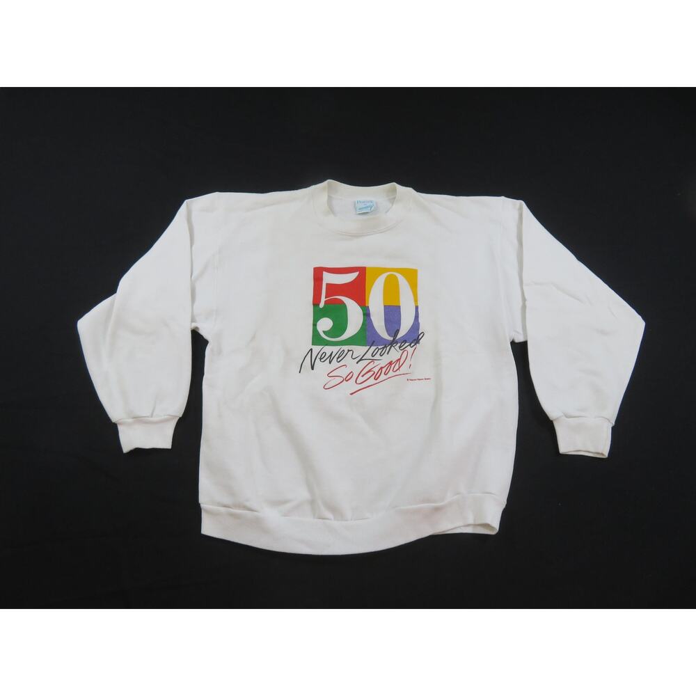 Funny Peacock Papers 50 Never Looked So Good White Sweatshirt Sz L 1990s